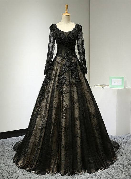 Hermoso vestido de fiesta de encaje negro de manga larga 