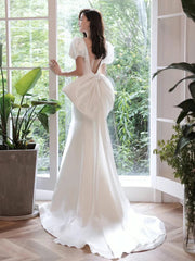 White Mermaid Satin Puffy Short Sleeves Prom Dress