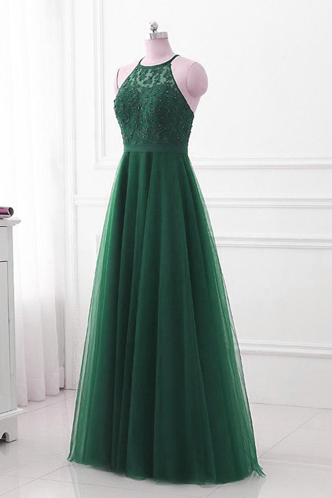 Dark Green Cross Back Tulle Halter Long Party Dress