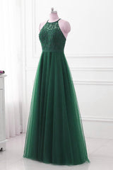 Dark Green Cross Back Tulle Halter Long Party Dress