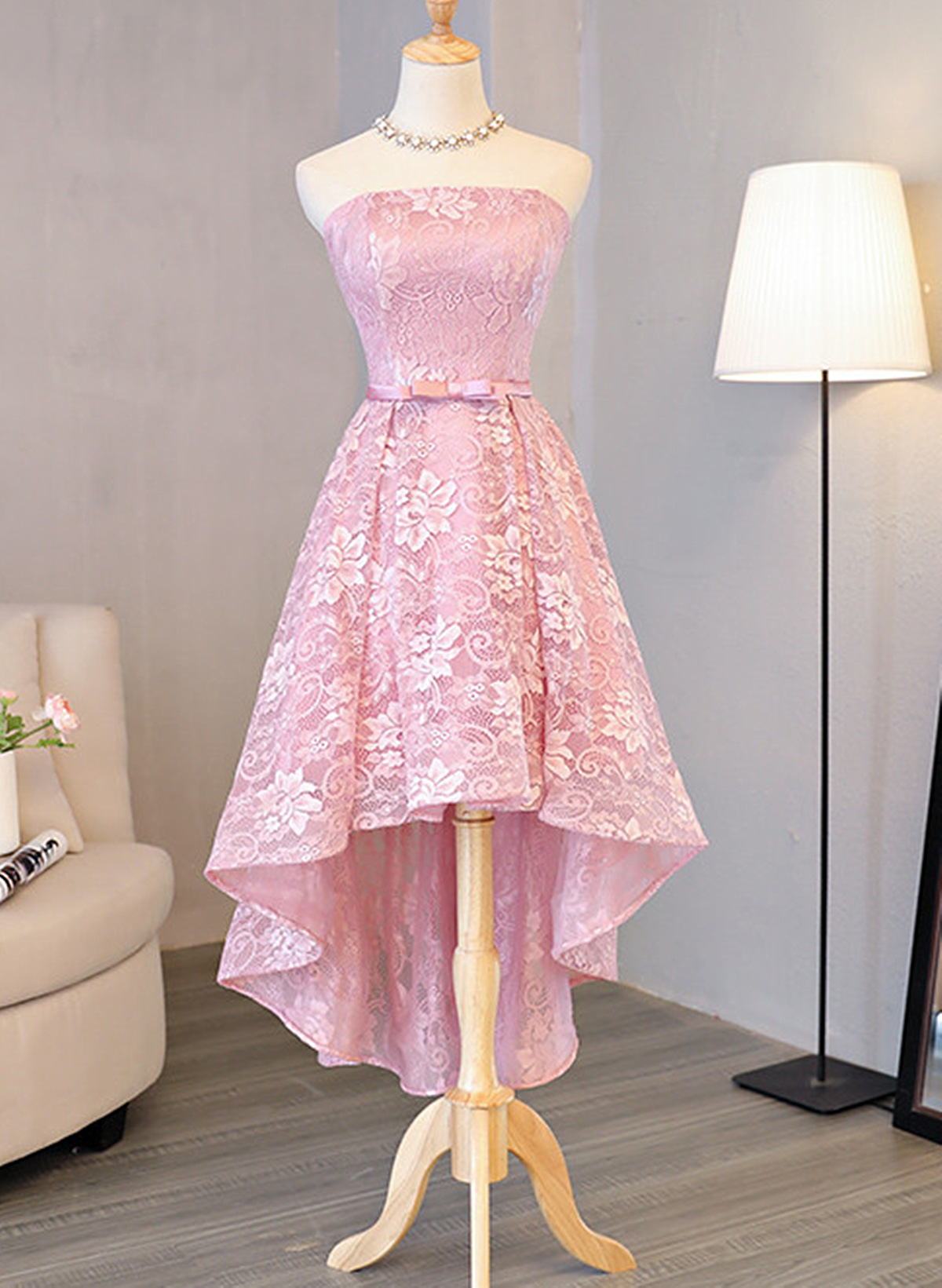 Cute Pink High Low Lace Scoop Homecoming Dress