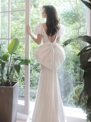 White Mermaid Satin Puffy Short Sleeves Prom Dress