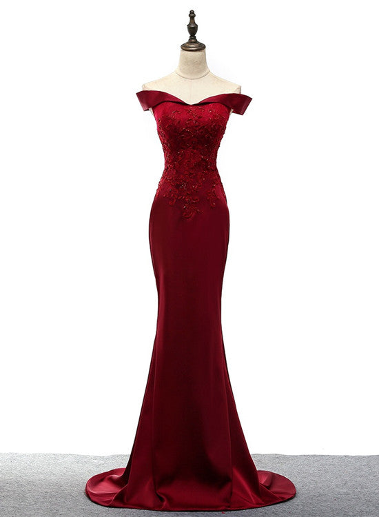 Vestido largo de fiesta de satén estilo sirena rojo oscuro 