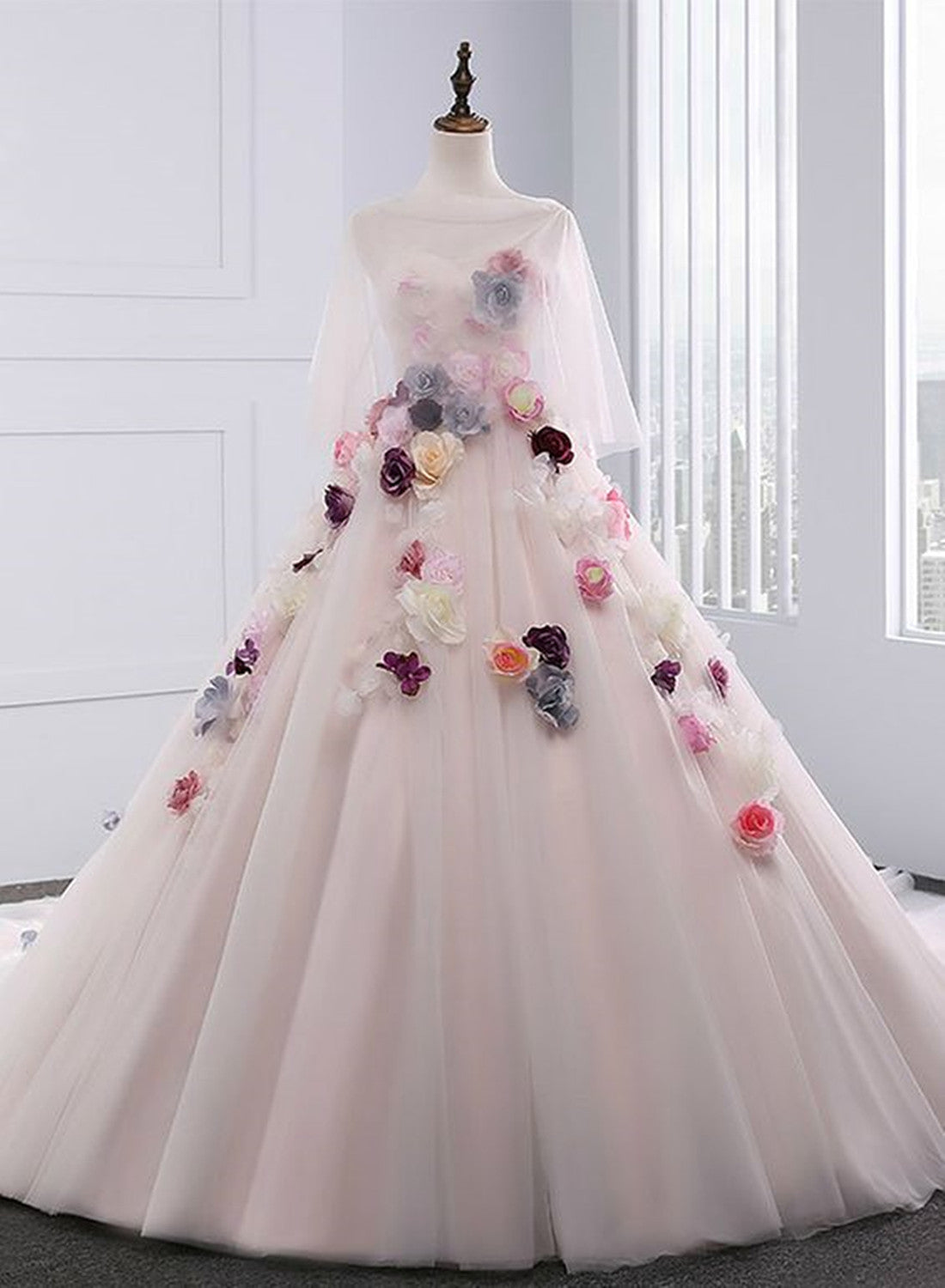 Light Pink Tulle Ball Gown Formal Dress with Flowers
