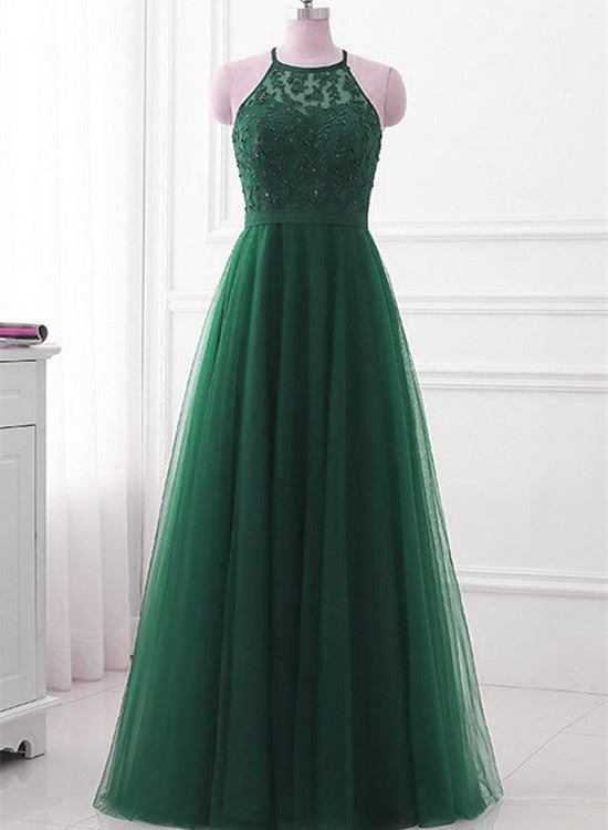 Dark Green Cross Back Tulle Halter Long Party Dress