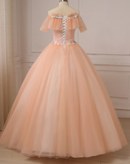 Pink Ball Gown Off Shoulder Tulle Sweet 16 Dress with Flowers