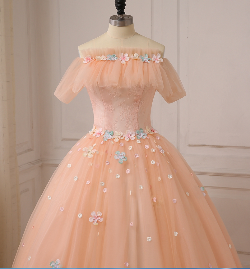 Pink Ball Gown Off Shoulder Tulle Sweet 16 Dress with Flowers
