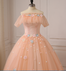 Pink Ball Gown Off Shoulder Tulle Sweet 16 Dress with Flowers