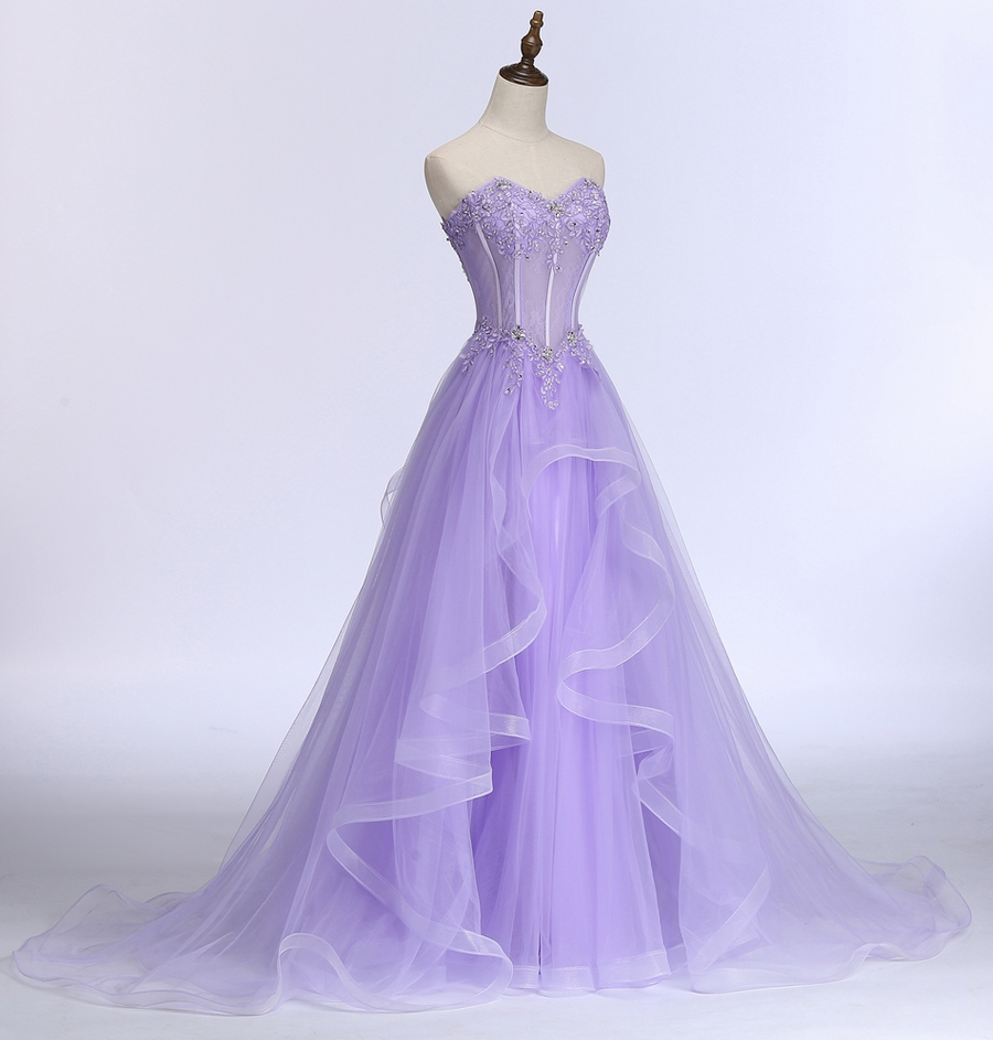 Lavender Sweetheart Tulle A-Line Lace Applique Party Dress