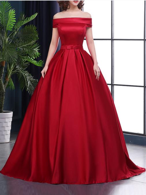 Beautiful Red Off Shoulder Satin Junior Prom Dress