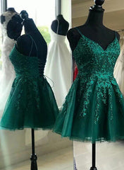 Vestido de fiesta corto de encaje y tul con escote en V verde 