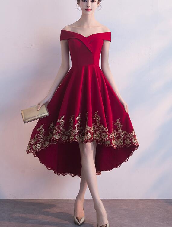 Red High Low Party Dress with Gold Applique
