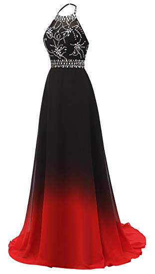 Vestido de fiesta de gasa con cuentas y cuello halter rojo y negro 