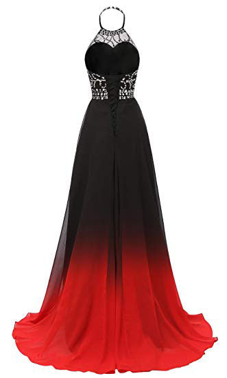 Vestido de fiesta de gasa con cuentas y cuello halter rojo y negro 