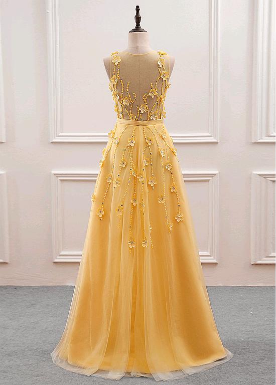 Vestido de fiesta largo de tul con flores amarillas 
