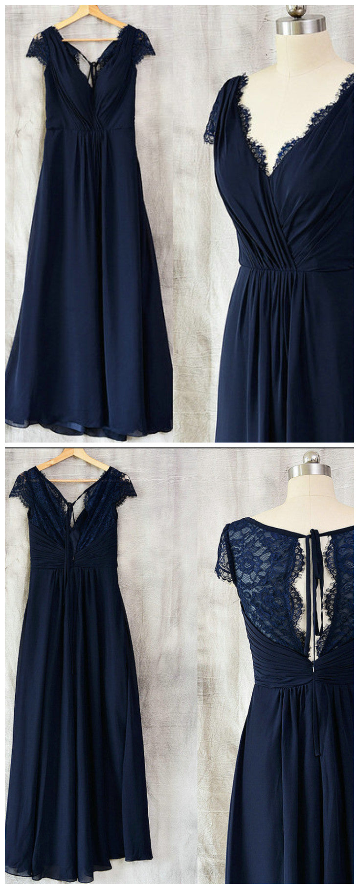 Vestido largo de dama de honor de corte A en gasa azul marino con encaje 