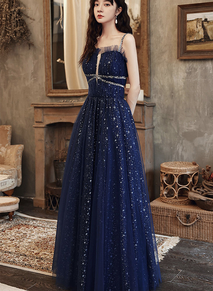 Vestido formal largo con tirantes de tul y cuentas azul marino 
