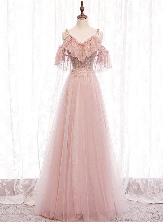 Pink Straps Lace Top Tulle Off Shoulder Party Dresses