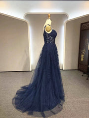 Vestido de fiesta azul marino de tul con encaje en forma de A 