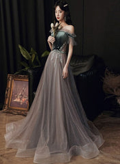 Beautiful Tulle and Velvet Off Shoulder Long Prom Dress