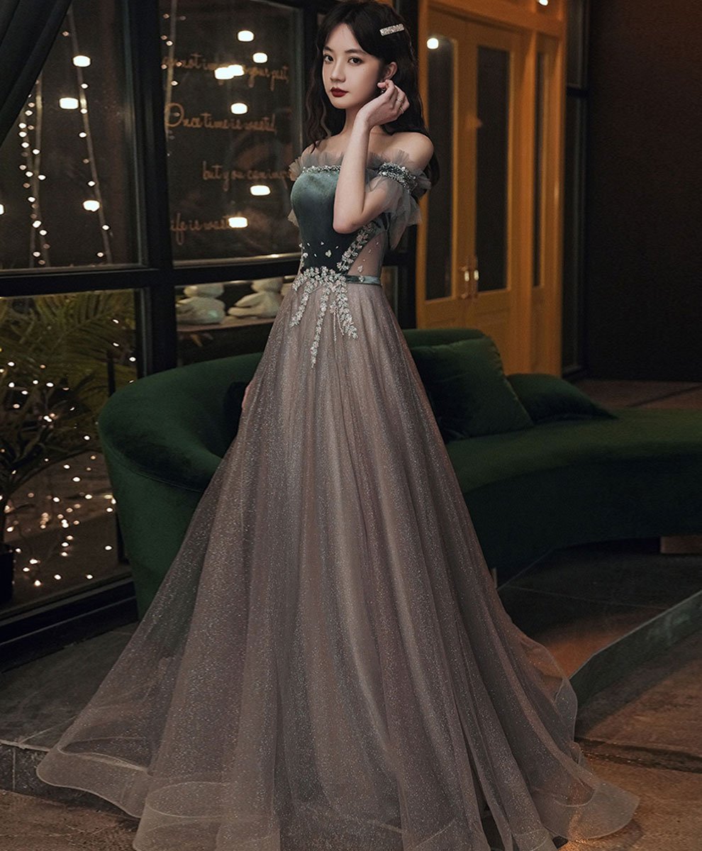 Beautiful Tulle and Velvet Off Shoulder Long Prom Dress