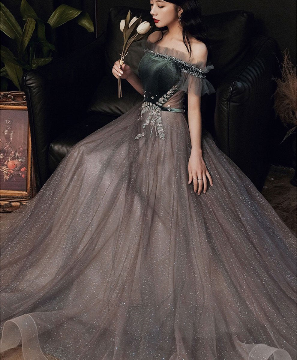 Beautiful Tulle and Velvet Off Shoulder Long Prom Dress