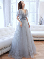 Light Grey A-line Tulle Long Evening Dress Prom Dress