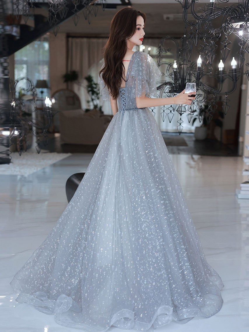 Light Grey A-line Tulle Long Evening Dress Prom Dress