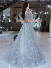 Light Grey A-line Tulle Long Evening Dress Prom Dress