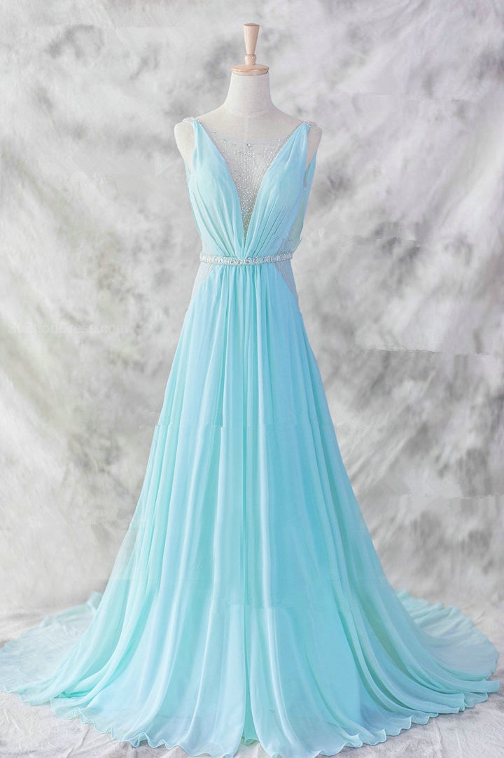 Vestido de noche largo sexy de gasa azul claro sin espalda 