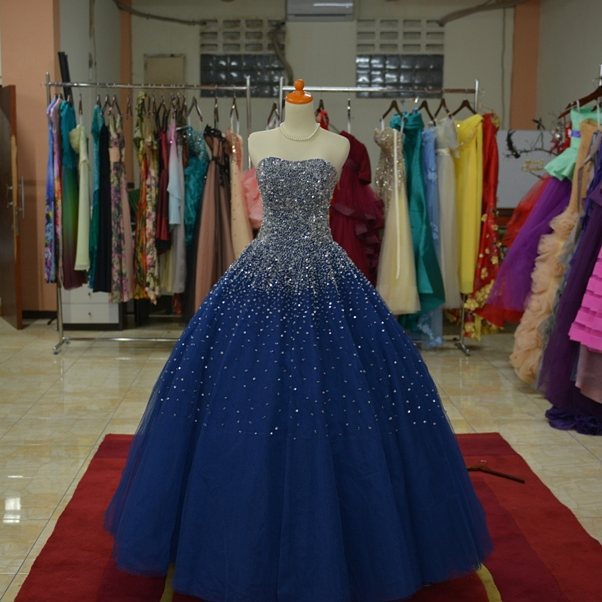 Blue Tulle Sequins Long Ball Gown Formal Dress