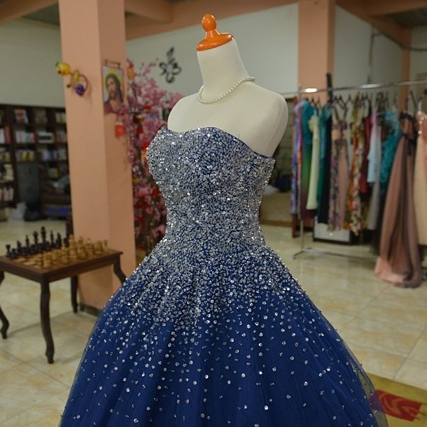 Blue Tulle Sequins Long Ball Gown Formal Dress