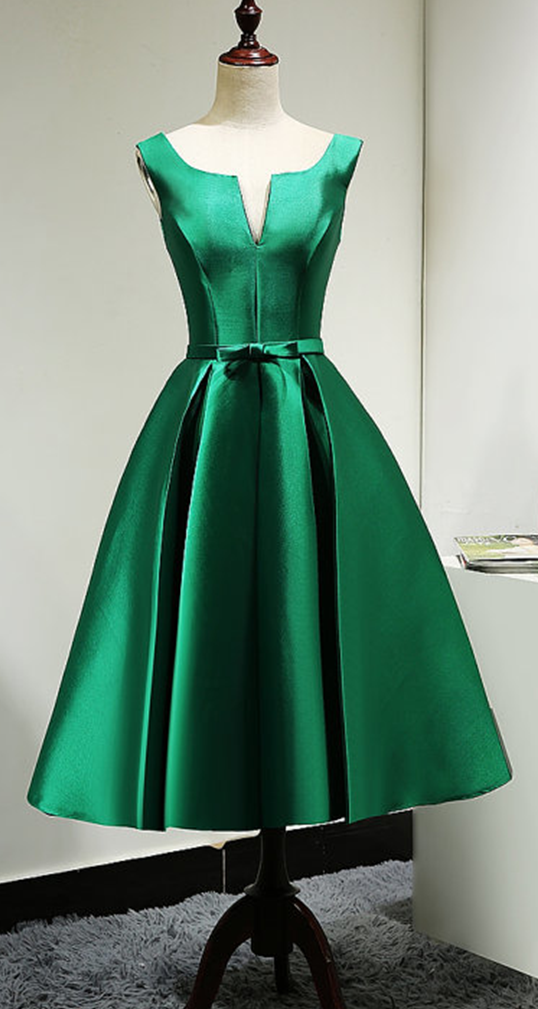 Green Satin Tea Length Bridesmaid Dress