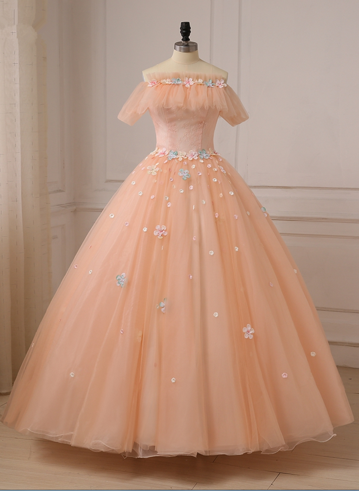 Pink Ball Gown Off Shoulder Tulle Sweet 16 Dress with Flowers