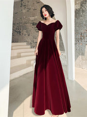 Lindo vestido formal largo de terciopelo rojo vino con corte en A 