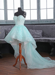 Light Blue Sweetheart Lace Applique High Low Party Dress