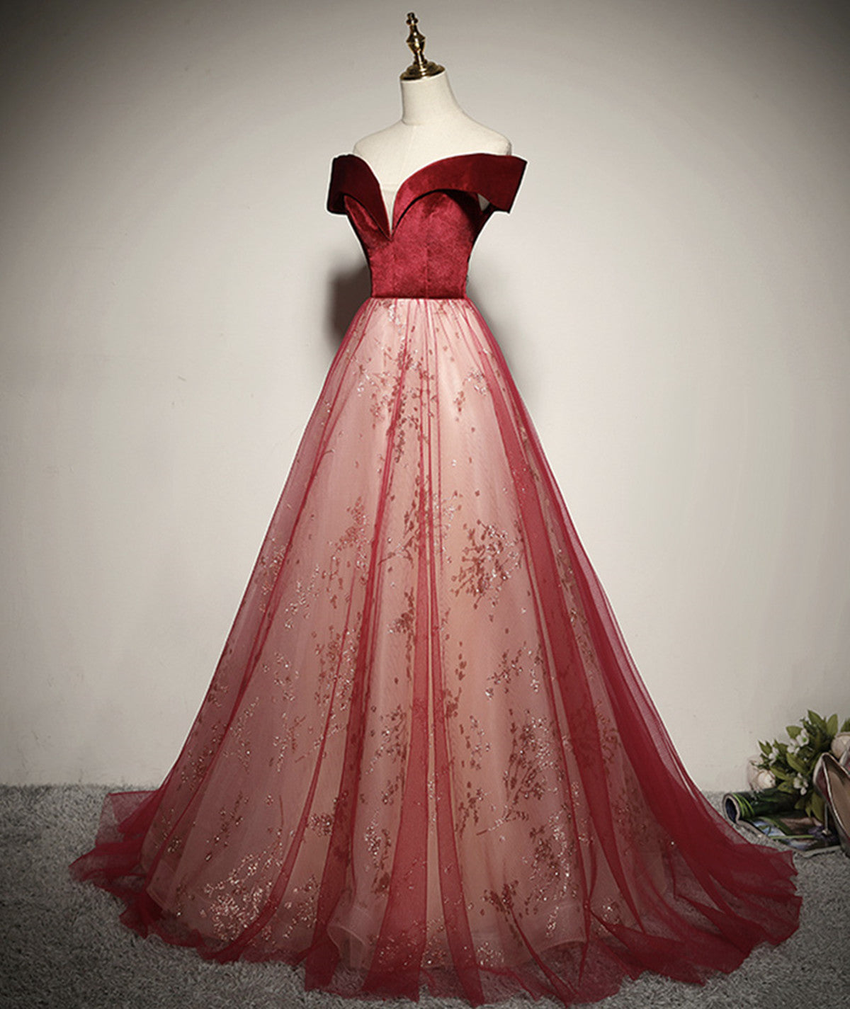 A-line Red Tulle and Velvet Off Shoulder Long Prom Dress