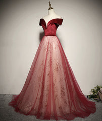 A-line Red Tulle and Velvet Off Shoulder Long Prom Dress