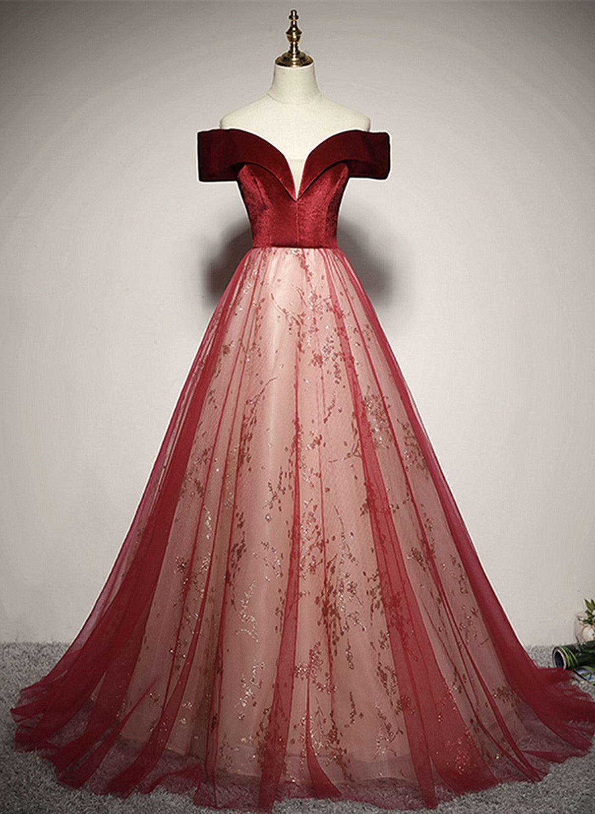 A-line Red Tulle and Velvet Off Shoulder Long Prom Dress