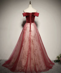 A-line Red Tulle and Velvet Off Shoulder Long Prom Dress