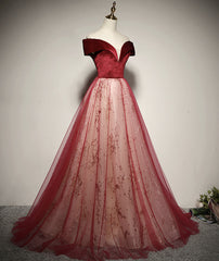 A-line Red Tulle and Velvet Off Shoulder Long Prom Dress