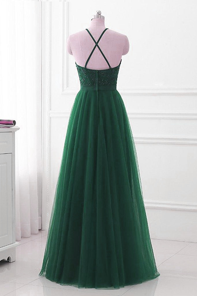 Dark Green Cross Back Tulle Halter Long Party Dress