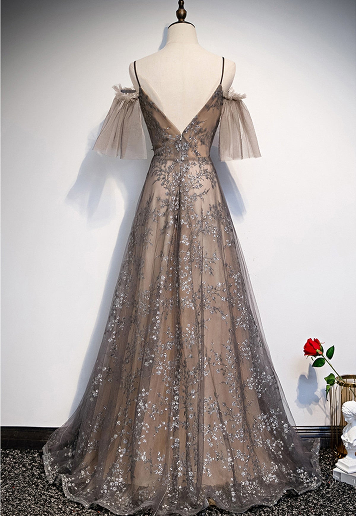 Champagne A-line Straps Lace Low Back Prom Dress