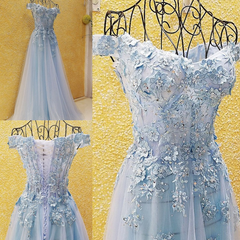 Light Blue Off Shoulder Long Party Dress with Flowers