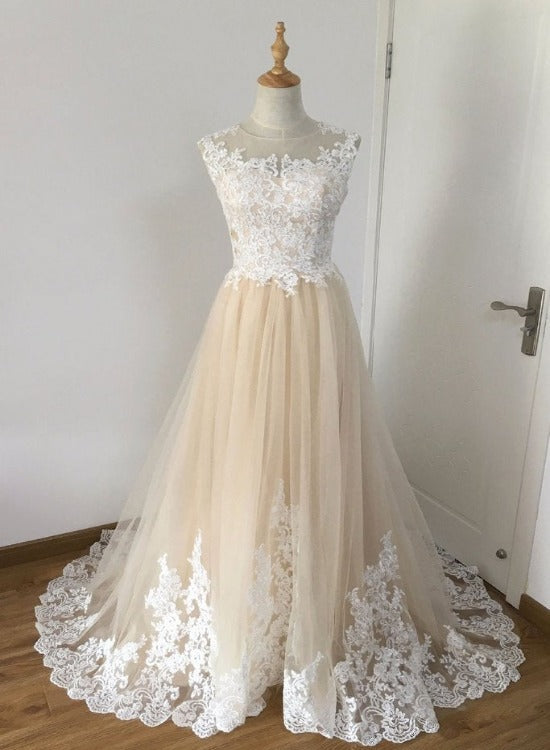 A-line Champagne with White Lace Round Neckline Party Dress