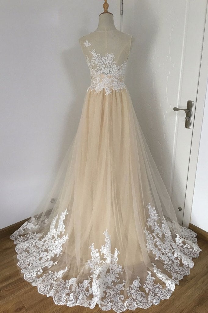 A-line Champagne with White Lace Round Neckline Party Dress
