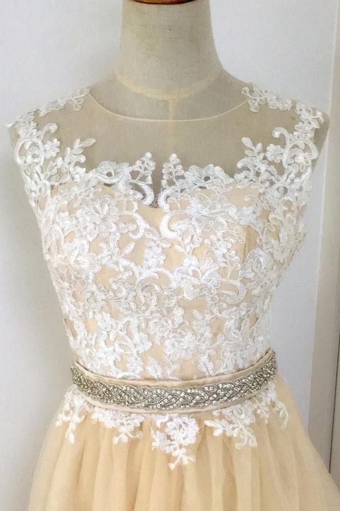 A-line Champagne with White Lace Round Neckline Party Dress
