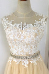 A-line Champagne with White Lace Round Neckline Party Dress