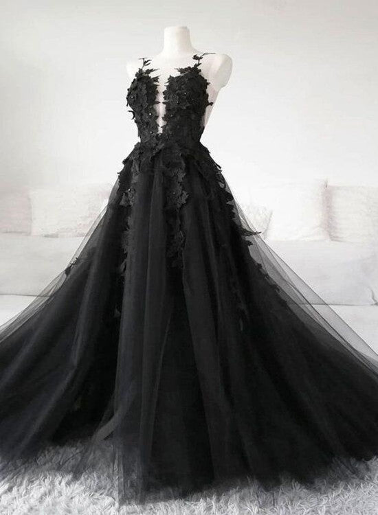 Black Tulle Party Dress with Lace Long Prom Dress