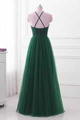 Dark Green Cross Back Tulle Halter Long Party Dress